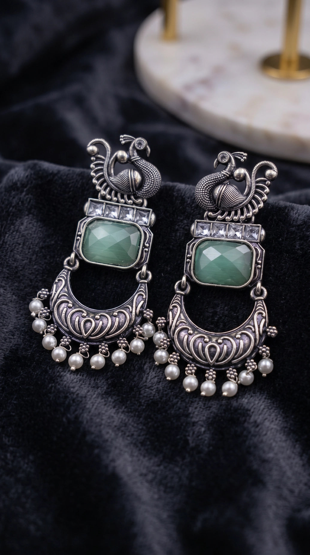 Mint Green Peacock Motif Antique Style Fashion Earrings with Clear Stones & Pearl Drops for Festive Wear