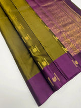 Olive Soft Silk Saree with Contrast Border and Pallu Woven Motifs