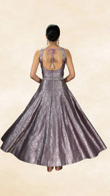 Purple Jacquard Silk Lehenga Set with Matching Sleeveless Blouse and Silver Zari Motifs