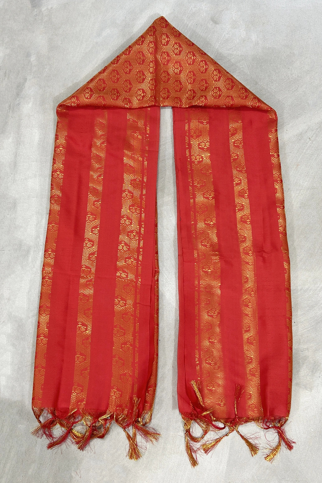 Red Ponnadai Poly Silk Jacquard Temple Shawl with Zari Pattern and Tassels for Temple Visits, Pooja & Functions