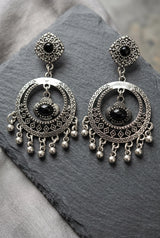 Oxidized Silver-Tone Black Stone Statement Earrings with Floral Stud and Beaded Jhumka Drops for Women