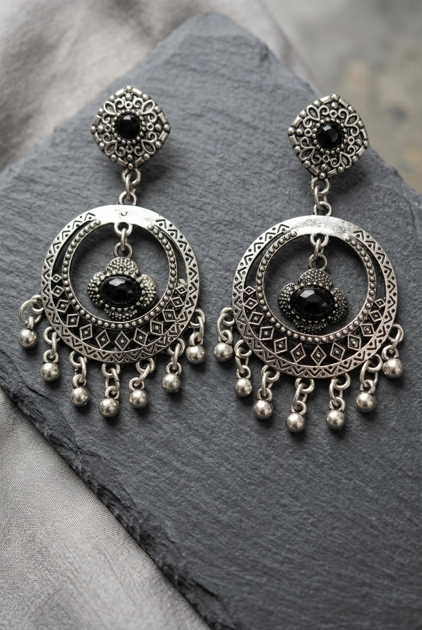 Oxidized Silver-Tone Black Stone Statement Earrings with Floral Stud and Beaded Jhumka Drops for Women