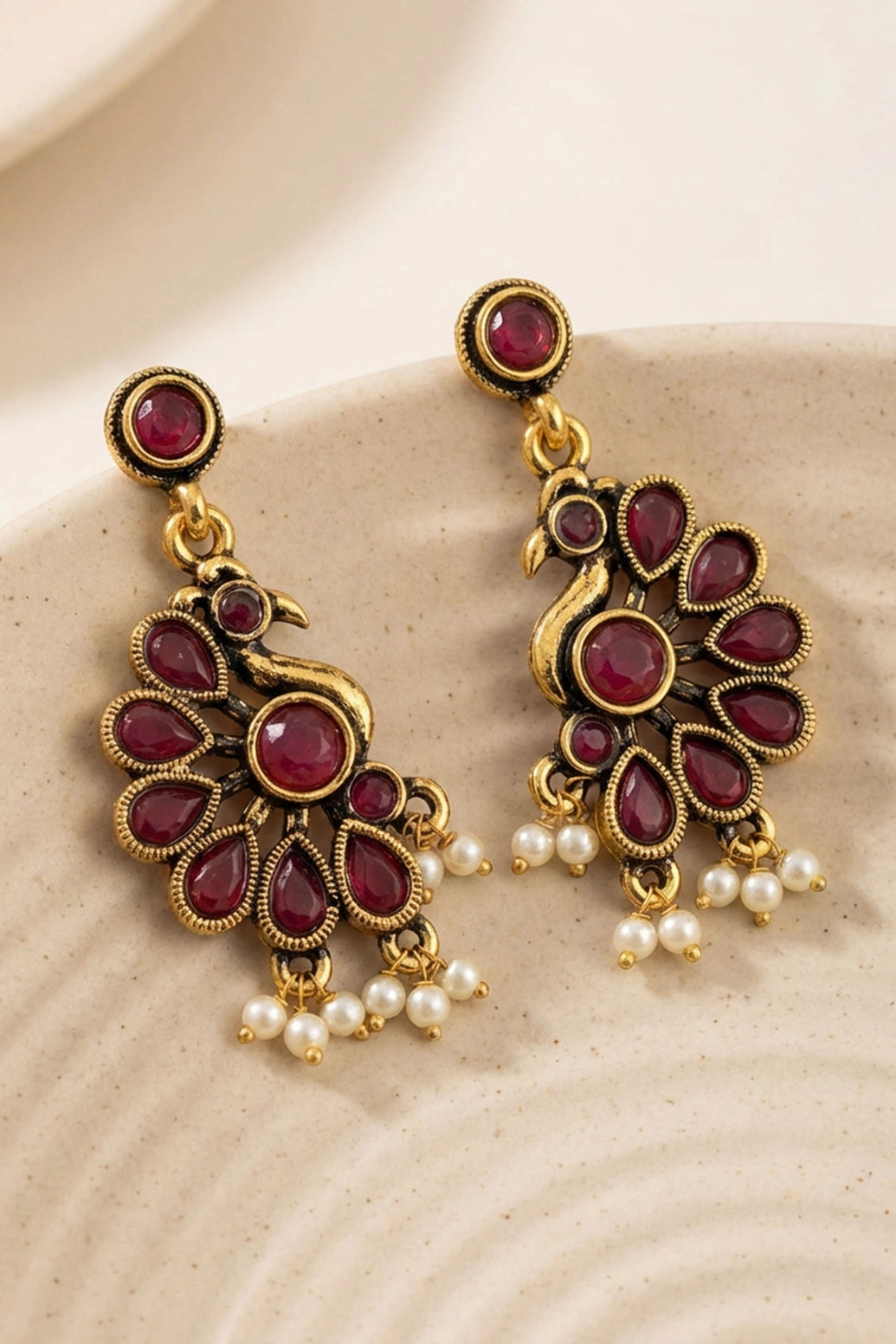 Maroon Pearl Drop Gold-Tone Stud Dangler Earrings for Traditional Ethnic Wear