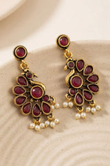 Maroon Pearl Drop Gold-Tone Stud Dangler Earrings for Traditional Ethnic Wear