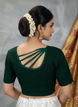 Green Readymade Stretchable Designer Blouse with Elbow Sleeve & Back Crisscross Straps