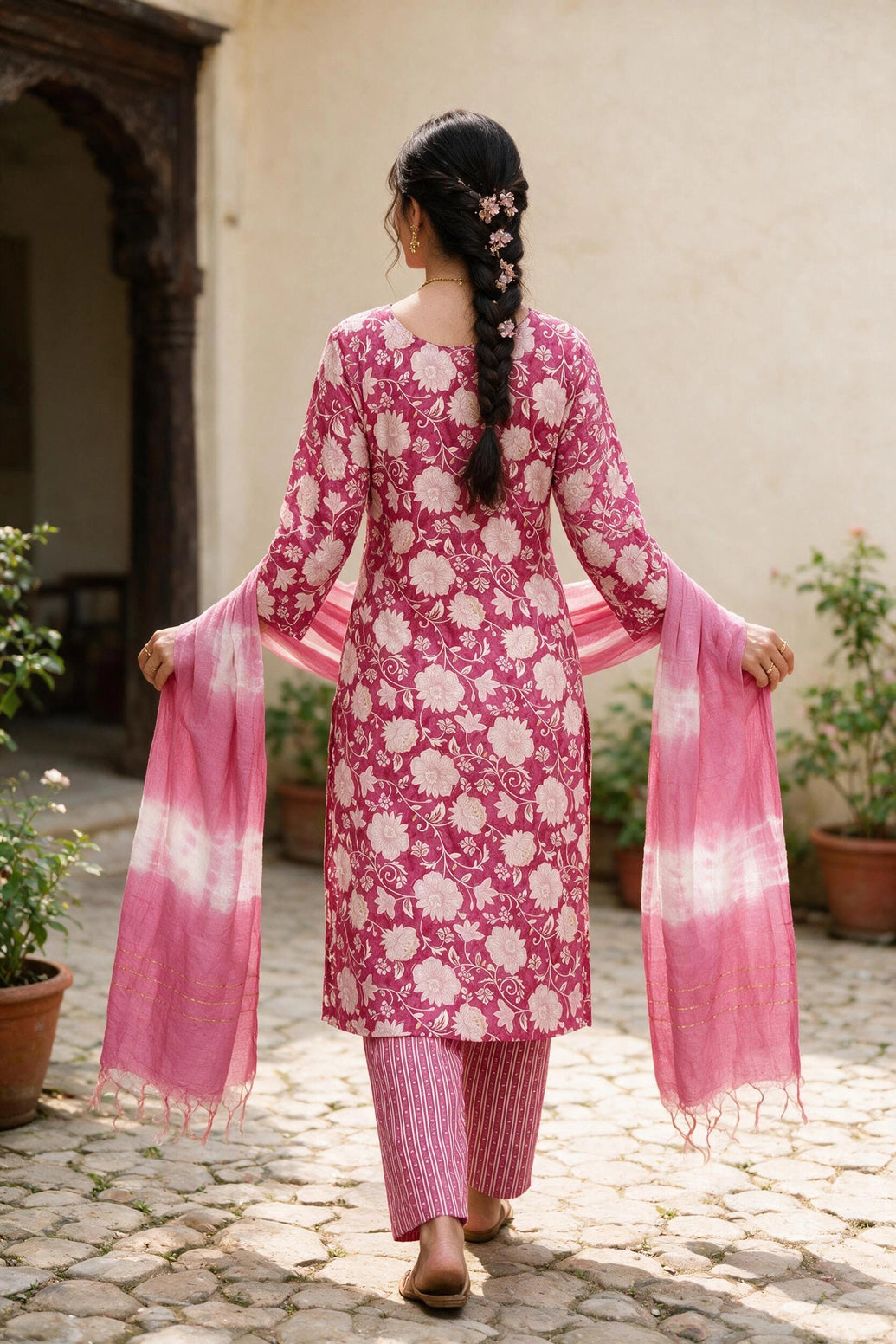Pink Floral Cotton 3-Piece Kurti Set with Button Placket, Elastic Pant & Matching Dupatta