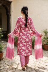 Pink Floral Cotton 3-Piece Kurti Set with Button Placket, Elastic Pant & Matching Dupatta