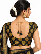 Black Floral Padded Designer Blouse for Sari Choli, V-neck, Short Sleeves, Back Tie, Fully Stitched