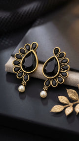 Black Teardrop Stone & Pearl Drop Antique Gold-Tone Earrings for Women, 1.5 inch Ethnic Party Wear