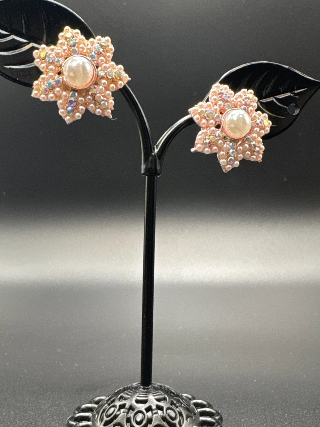 Pink Floral Pearl Stud Earrings-Rose Gold-Tone Flower Design-0.5 inch