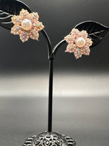 Pink Floral Pearl Stud Earrings-Rose Gold-Tone Flower Design-0.5 inch Jewelry JCS Fashions