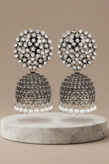 Oxidized Silver Tone Jhumka Earrings with White Stone Stud Top and Pearl Drop Dangles