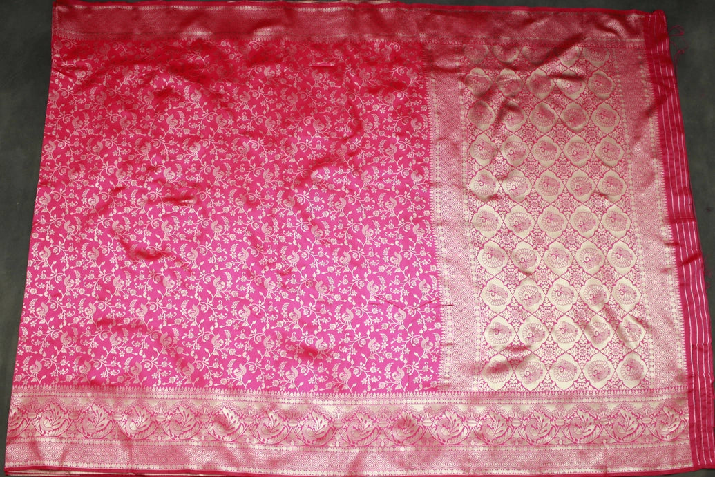 Red Banarasi Handloom Satin Saree with Woven Floral Embroidery Print and Blouse