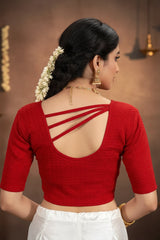 Red Readymade Designer Blouse, Fully Stitched Stretch Plain, Elbow Sleeves with Back Crisscross Straps