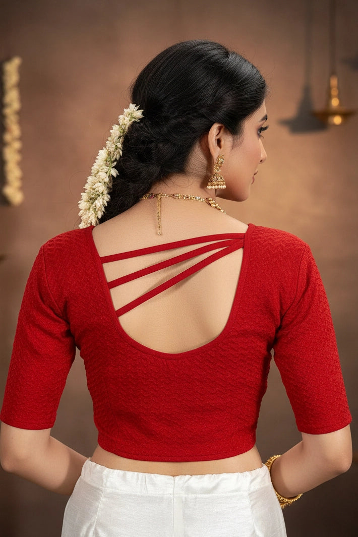 Red Readymade Designer Blouse, Fully Stitched Stretch Plain, Elbow Sleeves with Back Crisscross Straps