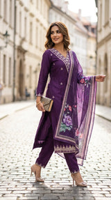 Dark Purple Roman Silk Kurti Pant Set with Sequins & Zari Work, V-Neck & Organza Dupatta
