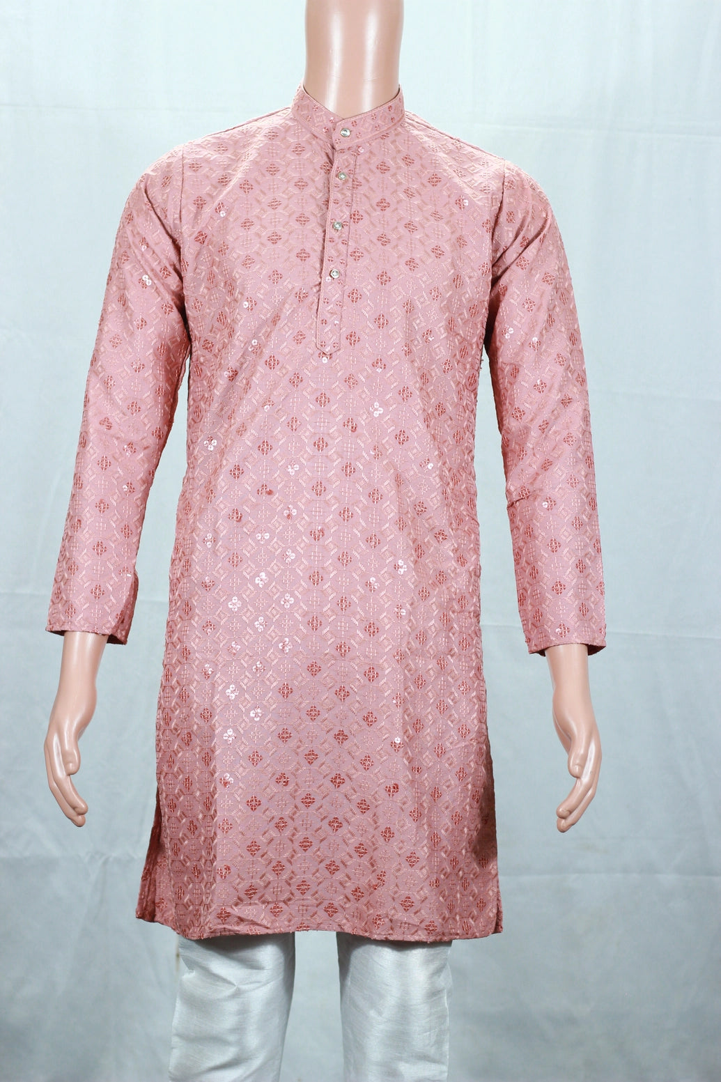 Men Onion Pink Lakhnavi Kurta with Jacquard Pattern, Band Collar & Button Placket