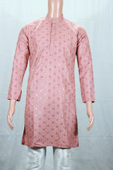 Men Onion Pink Lakhnavi Kurta with Jacquard Pattern, Band Collar & Button Placket