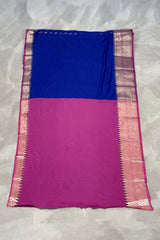 Purple Pure Silk Saree with Heavy Pallu Border and Contrast Blouse Piece, Wedding Wear Traditional Party Saree