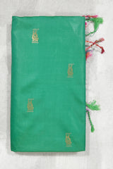 Green Semi Soft Silk Saree with Purple Contrast Border, Gold Zari Buttas & Traditional Floral Border