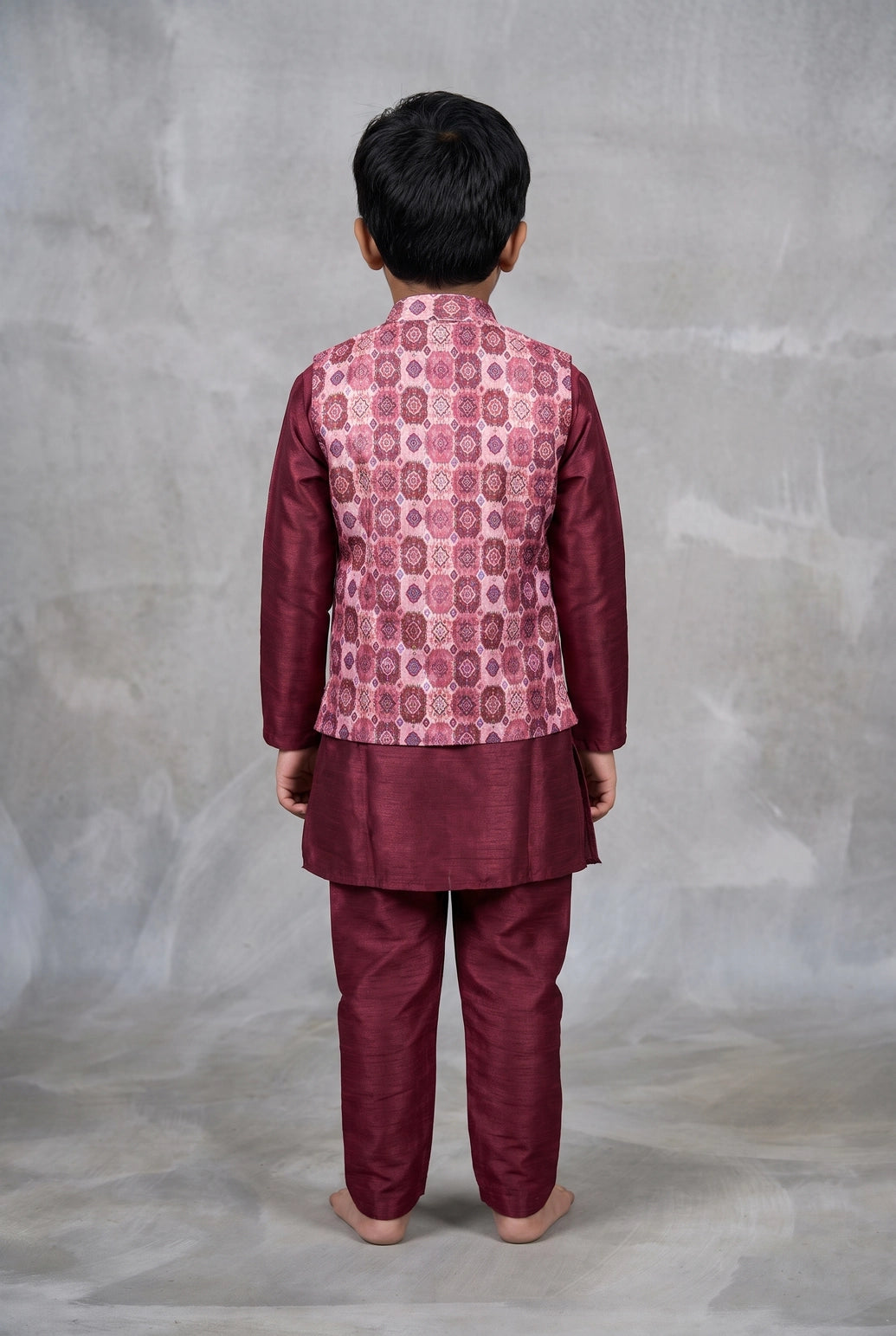 Boys Rani Pink Koti Kurta Set 3-Piece with Printed Sleeveless Koti and Geometric Floral Motifs