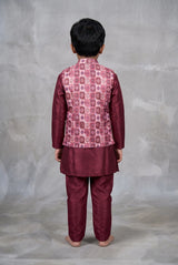 Boys Rani Pink Koti Kurta Set 3-Piece with Printed Sleeveless Koti and Geometric Floral Motifs