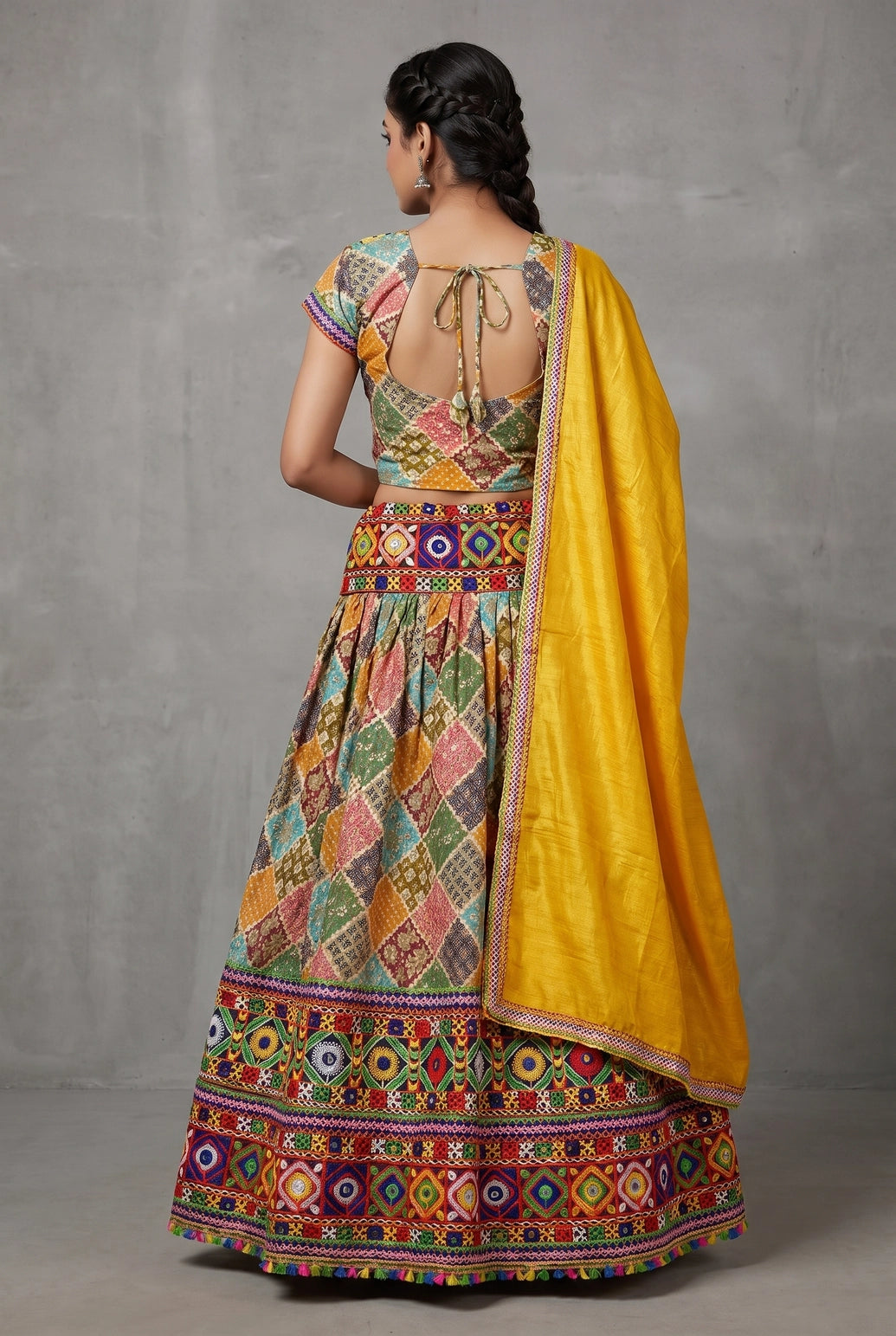 Designer Navratri Chaniya Choli with Camel Block Print and Mustard Dupatta, Multicolor Lehenga Choli Set