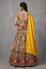 Designer Navratri Chaniya Choli with Camel Block Print and Mustard Dupatta, Multicolor Lehenga Choli Set