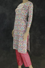 Cotton Printed Kurta Set – Cream Multicolor Kurti with Red Elastic Pants