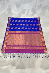 Royal Blue Korvai Soft Silk Border Saree with Delicate Gold Zari Buttas and Floral Traditional Border