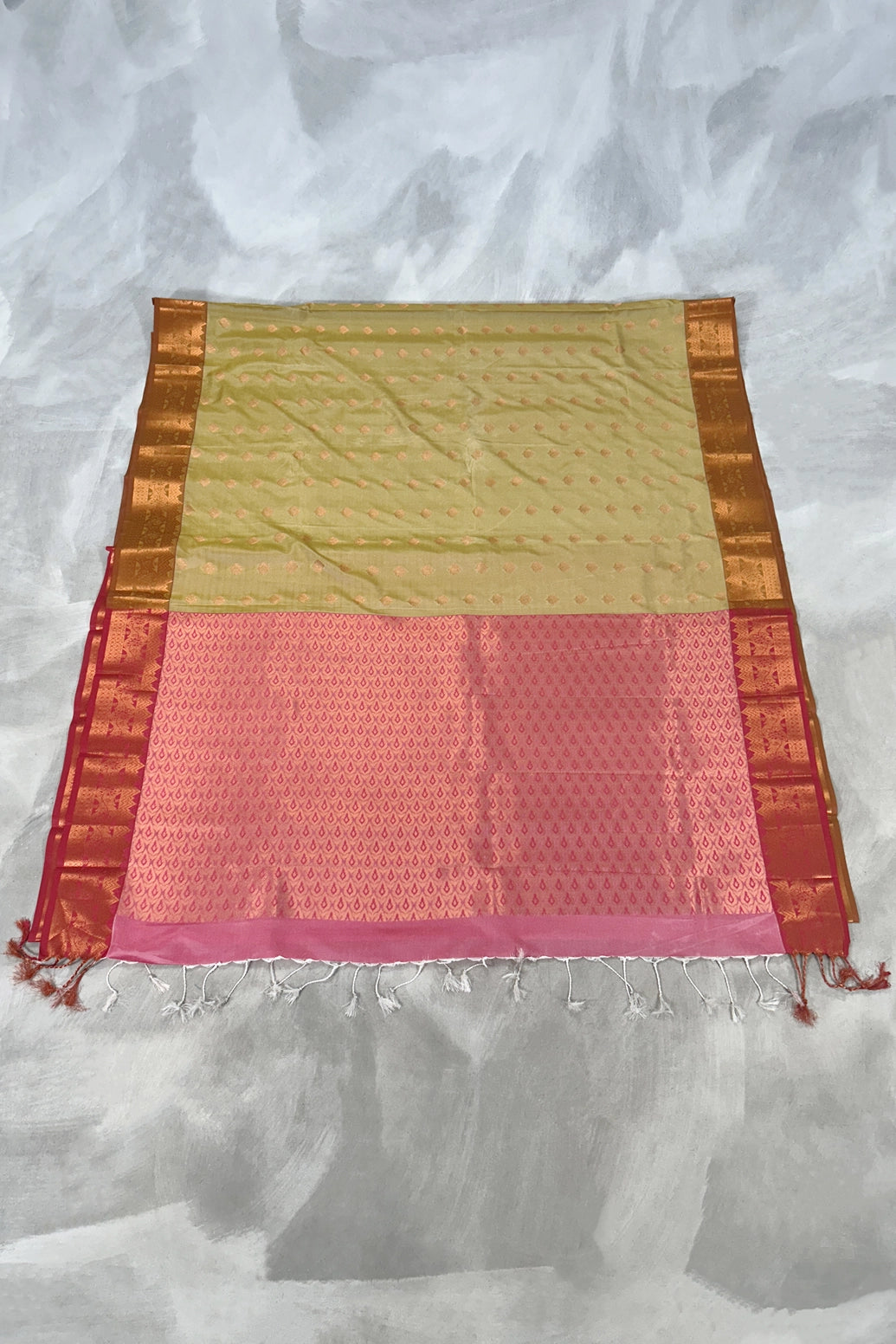 Gold Korvai Soft Silk Saree with Delicate Zari Buttas and Traditional Floral Border with Blouse