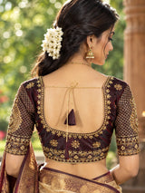 Brown Readymade Designer Padded Blouse with U-Shape Neckline and Floral Zari Butta Work for Women
