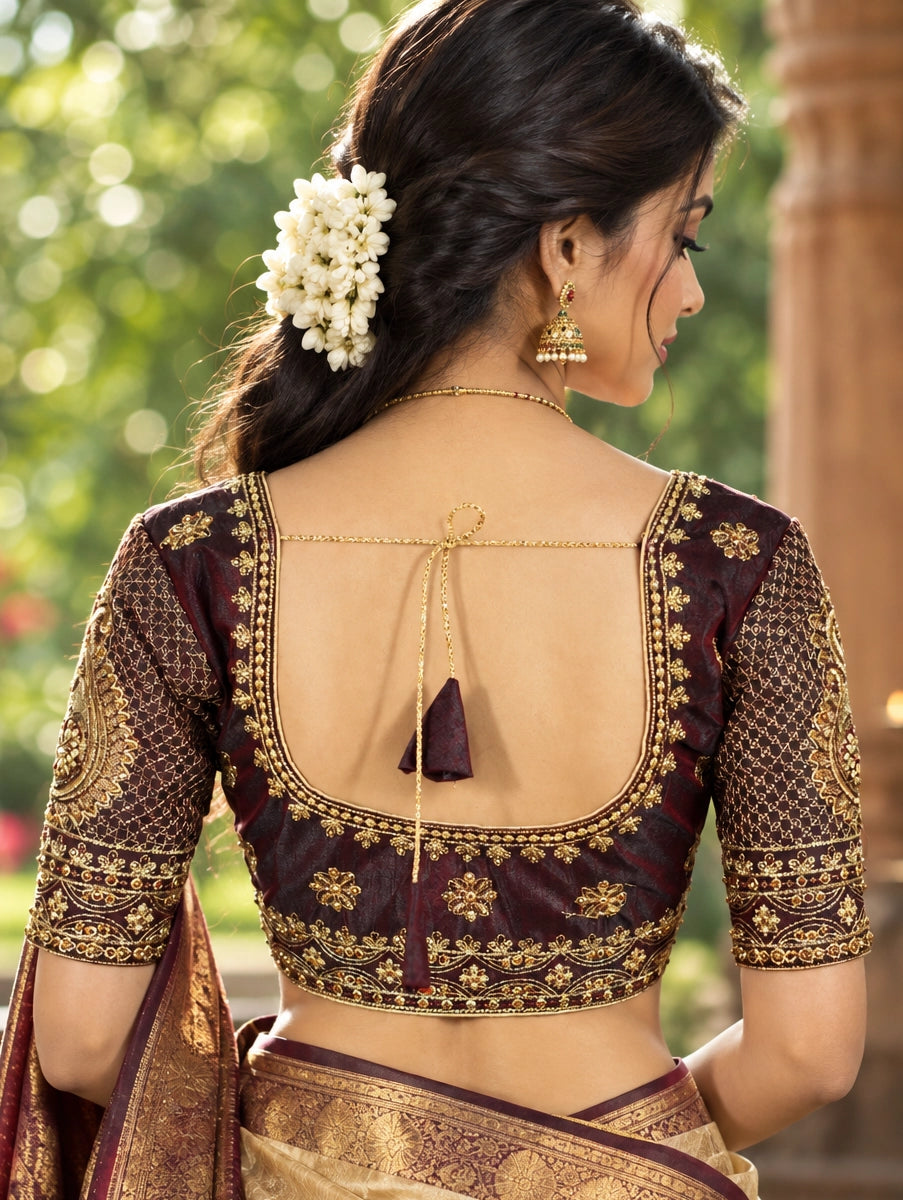 Brown Readymade Designer Padded Blouse with U-Shape Neckline and Floral Zari Butta Work for Women