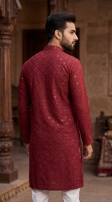 Maroon Lakhnavi Kurta for Men with Embroidered Look & Sequins, Button Placket, Festive Ethnic Wear