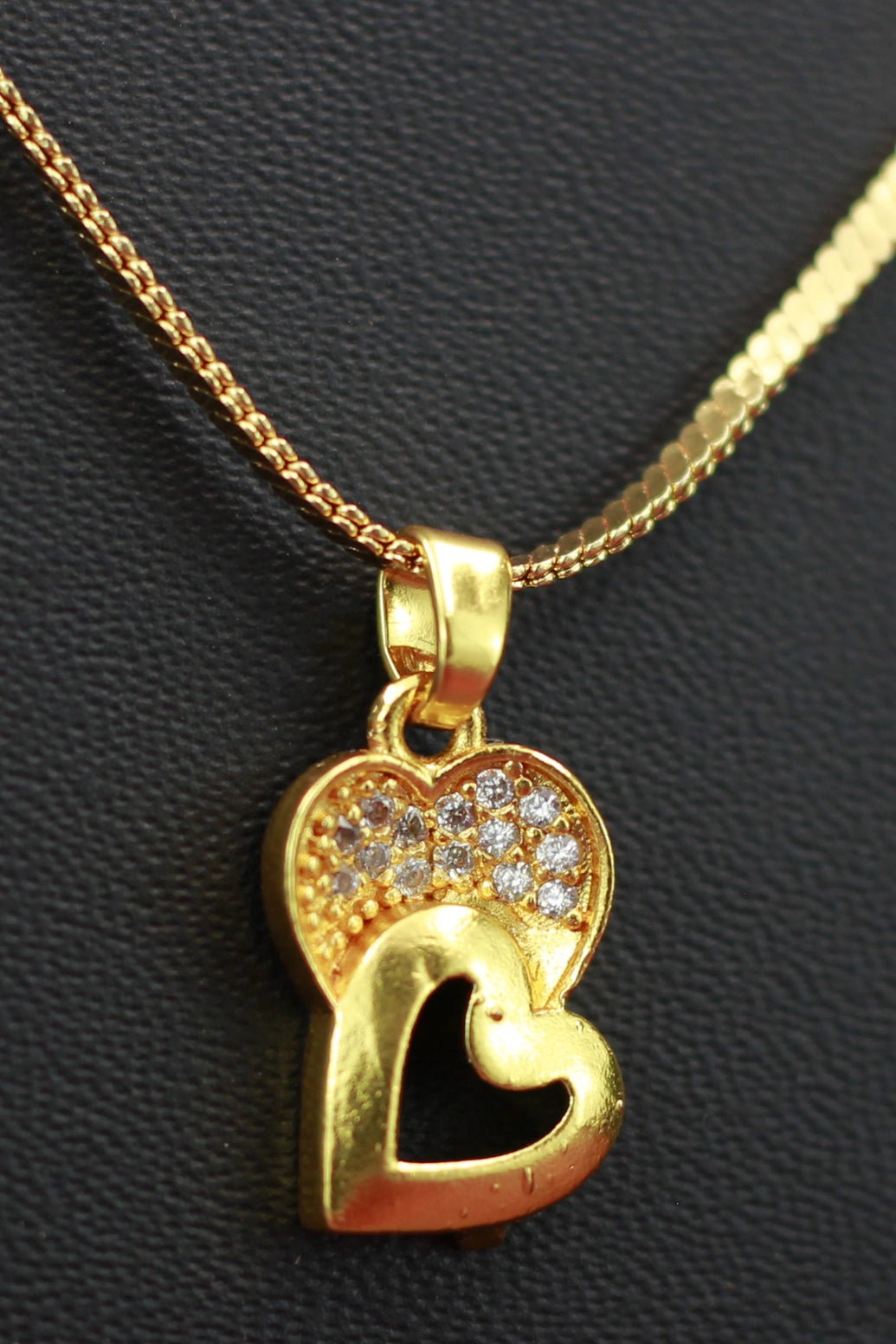 Gold-Tone Textured Chain Necklace with Double Heart Pendant for Women, Pendant Necklace