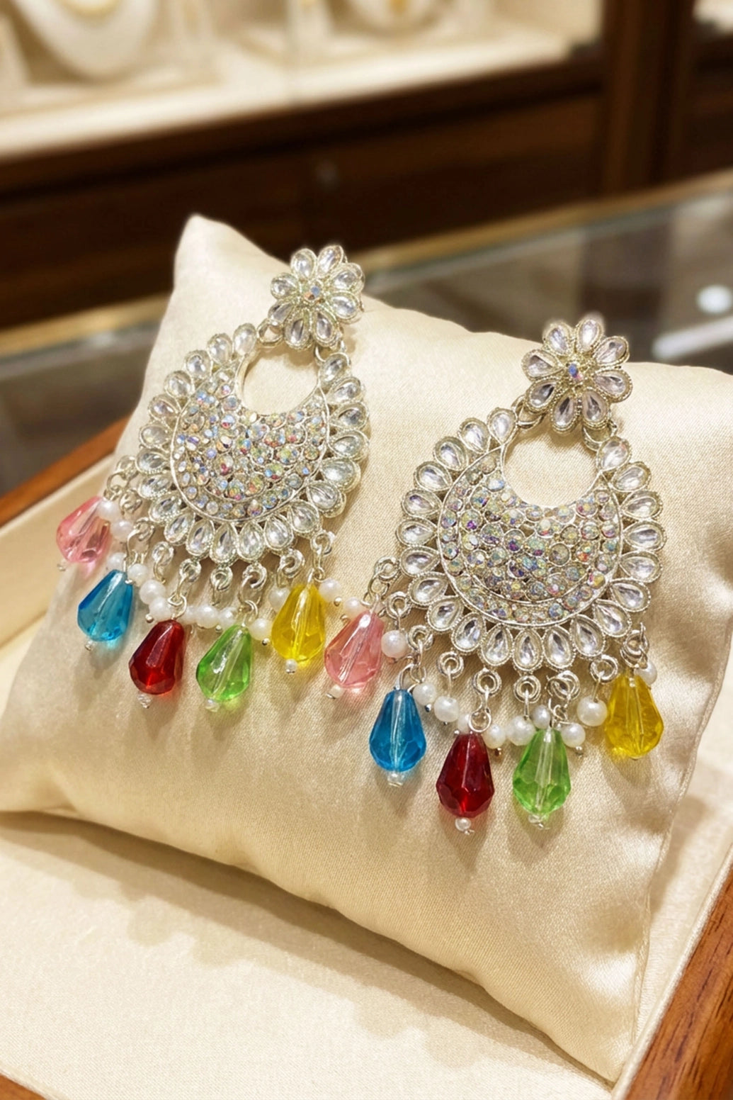 Multicolor Stone Floral Stud Dangler Hoop Earrings, Silver-Tone Fashion Jewellery for Women