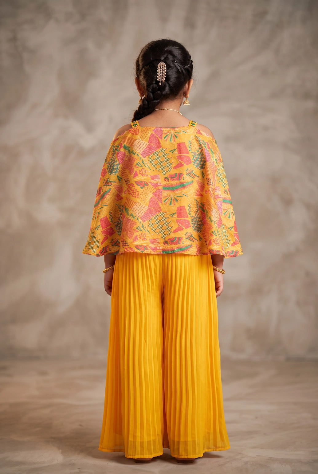 Girls Yellow Georgette Palazzo 3-Piece Set with Flared Kurti and Matching Dupatta