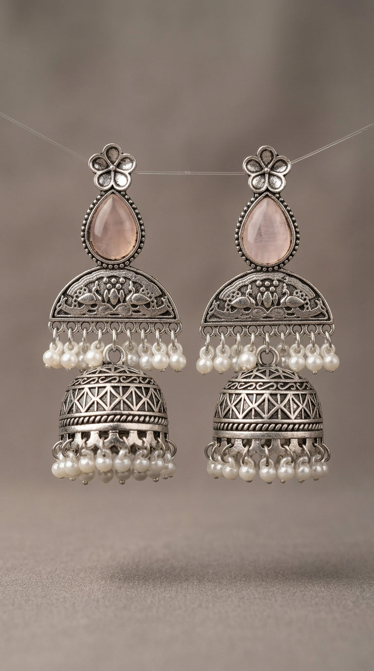Light Onion Pink Oxidised Silver Jhumka Earrings with Floral Stud and Pearl-Like Drops