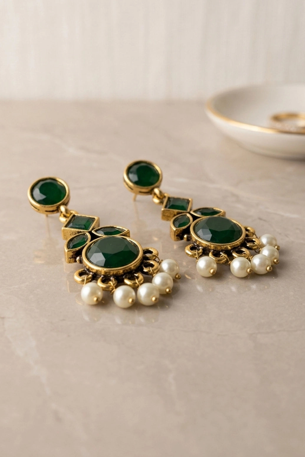 Green Stone & Pearl Drop Gold-Tone Statement Earrings for Women | Ethnic Dangle Chandbali Style