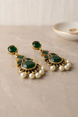 Green Stone & Pearl Drop Gold-Tone Statement Earrings for Women | Ethnic Dangle Chandbali Style