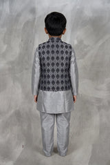 Boys Charcoal Grey Koti Kurta Set with Nehru Jacket, Printed Nehru Waistcoat and Matching Pants