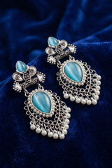Sea Blue Teardrop Oxidized Silver-Tone Jhumka Earrings with Pearl Drops for Festive Wear