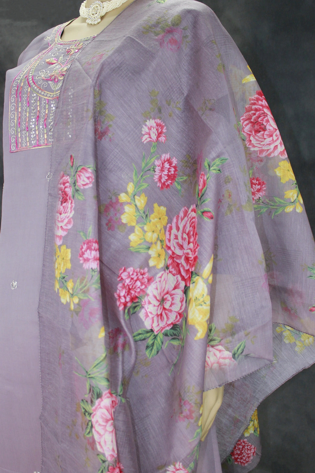 Purple Roman Silk 3-Piece Kurti Set with Elastic Pant and Organza Digital Dupatta