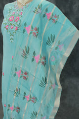 Pastel Blue Roman Silk 3-Piece Kurti Set with V Neck, Elastic Pant & Organza Zari Dupatta