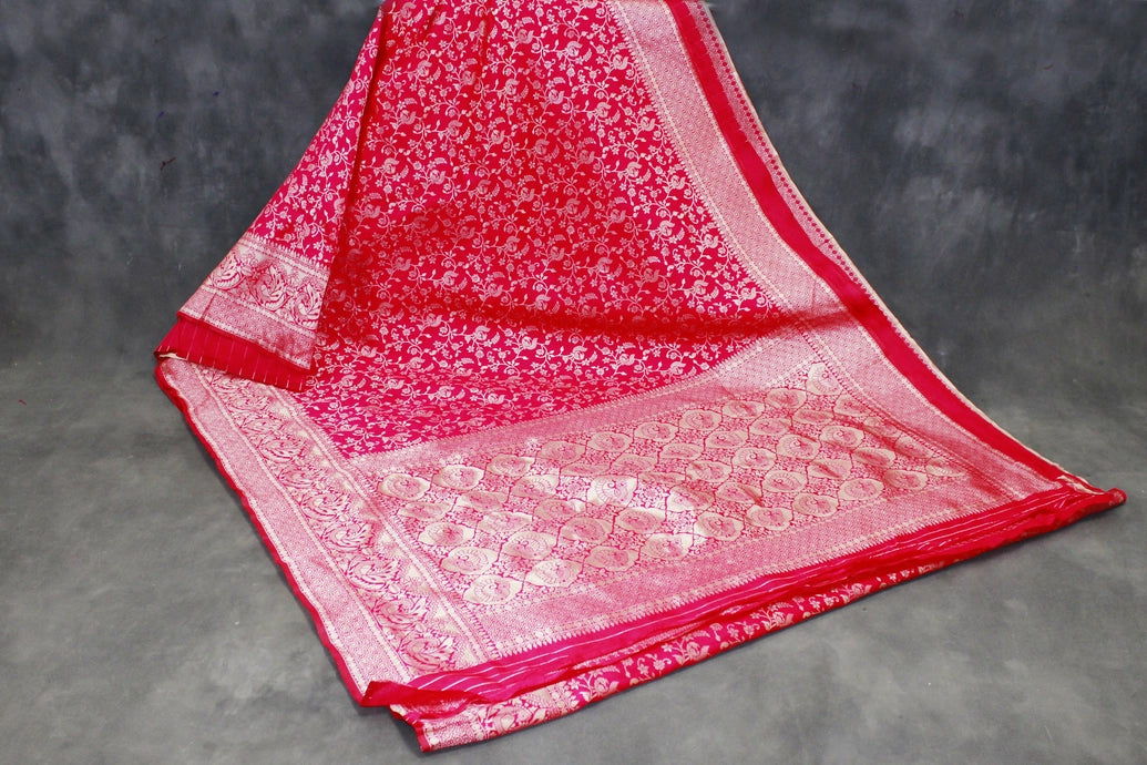 Orange Banarasi Satin Saree with Floral Woven Embroidered Print and Blouse