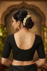 Black Leheriya Print Readymade Designer Blouse, Fully Stitched Stretchable Fabric, Elbow Sleeve Round Neck