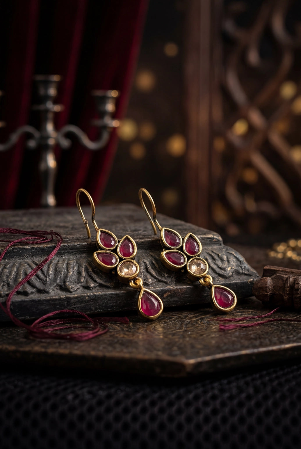 Maroon Stone Drop Hook Earrings, Gold-Tone Teardrop Dangle for Festive Wear