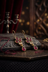 Maroon Stone Drop Hook Earrings, Gold-Tone Teardrop Dangle for Festive Wear
