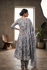 Grey Cotton 3-Piece Kurti Set with Floral Print, Embroidery Work, Frock Pant and Matching Dupatta