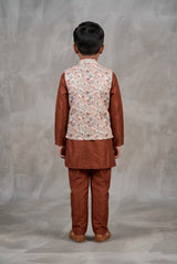 Boys Rust Orange Koti Kurta Set (3-Piece) with Printed Nehru Koti and Geometric Floral Motifs